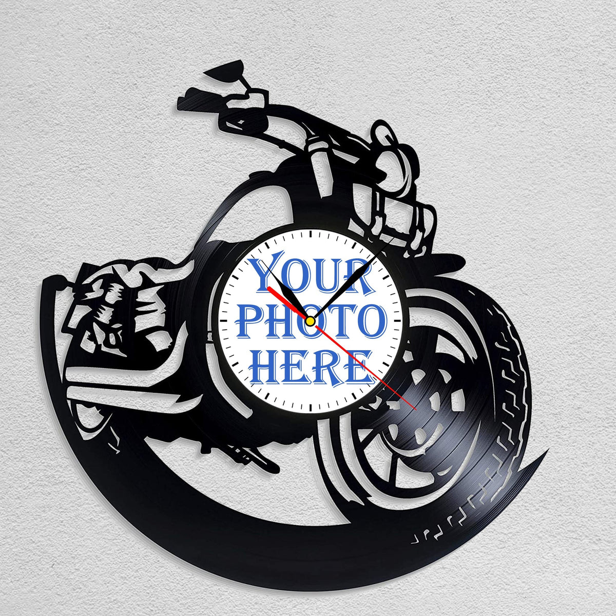 Personalized Motorcycle LP Record Wall Clock â€?Custom Photo & Name, Silent Quartz