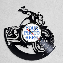 Personalized Motorcycle LP Record Wall Clock â€?Custom Photo & Name, Silent Quartz