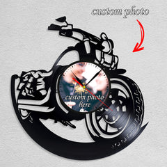 Personalized Motorcycle LP Record Wall Clock â€?Custom Photo & Name, Silent Quartz