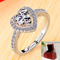 Engraved 0.6ct Heart Shaped Simulated Diamond Ring - Personalized 18K White Gold Plated Sterling Silver