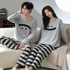 Matching Couple Pajamas Set â€?Thermal Plush Smile Face with Striped Pants
