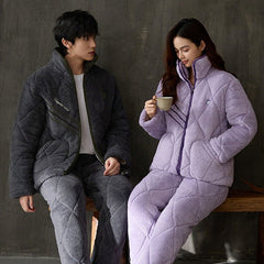 Gullei Quilted Coral Fleece Couple Pajamas â€?Warm & Cozy Winter Set