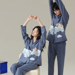 4-Piece Bear Print Couples Nightwear Pajamas 100% Cotton
