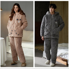 Gullei Bear-Ear Coral Fleece Couple Pajamas â€?Cozy & Playful Winter Set