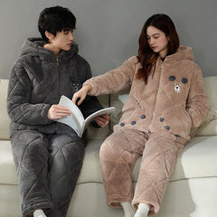 Gullei Bear-Ear Coral Fleece Couple Pajamas â€?Cozy & Playful Winter Set