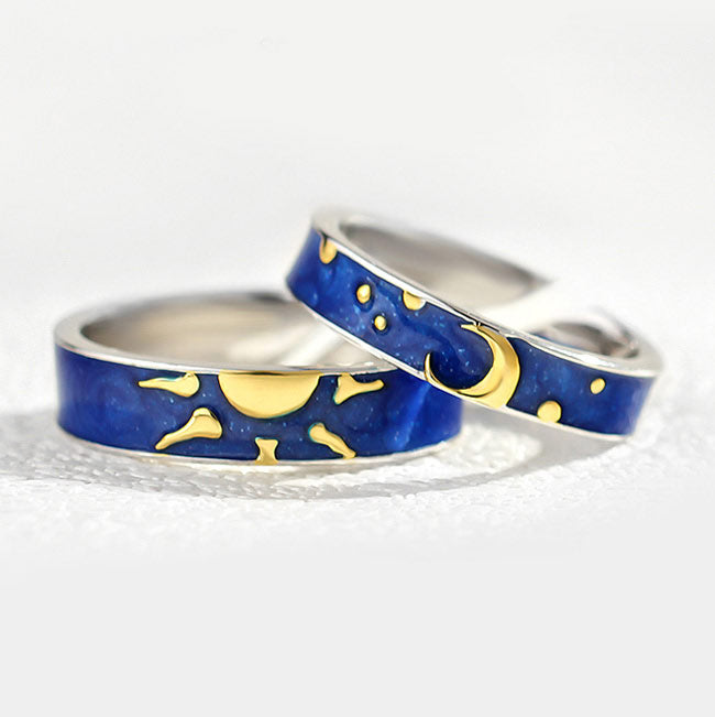 Sun & Moon Adjustable Sterling Silver Couple Rings - Gold Plated Promise Set