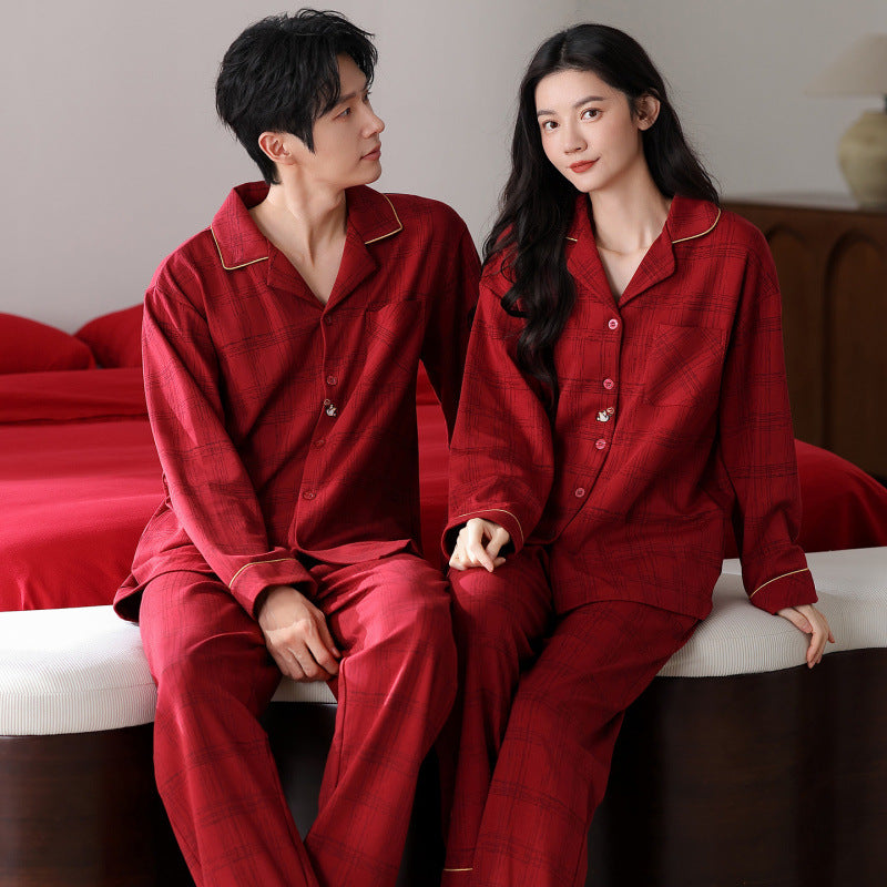 Matching Couple Pajamas Set â€?Red Plaid with Gold Piping, 100% Cotton