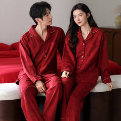 Matching Couple Pajamas Set â€?Red Plaid with Gold Piping, 100% Cotton