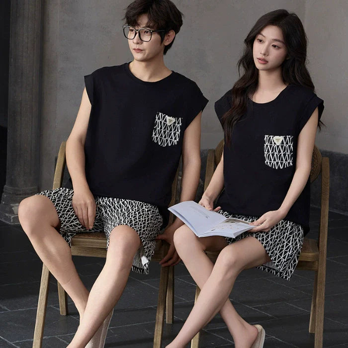 Cool Comfort: Sleeveless Modal Blend Couple Pajamas with Pocket