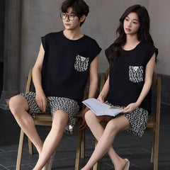 Cool Comfort: Sleeveless Modal Blend Couple Pajamas with Pocket
