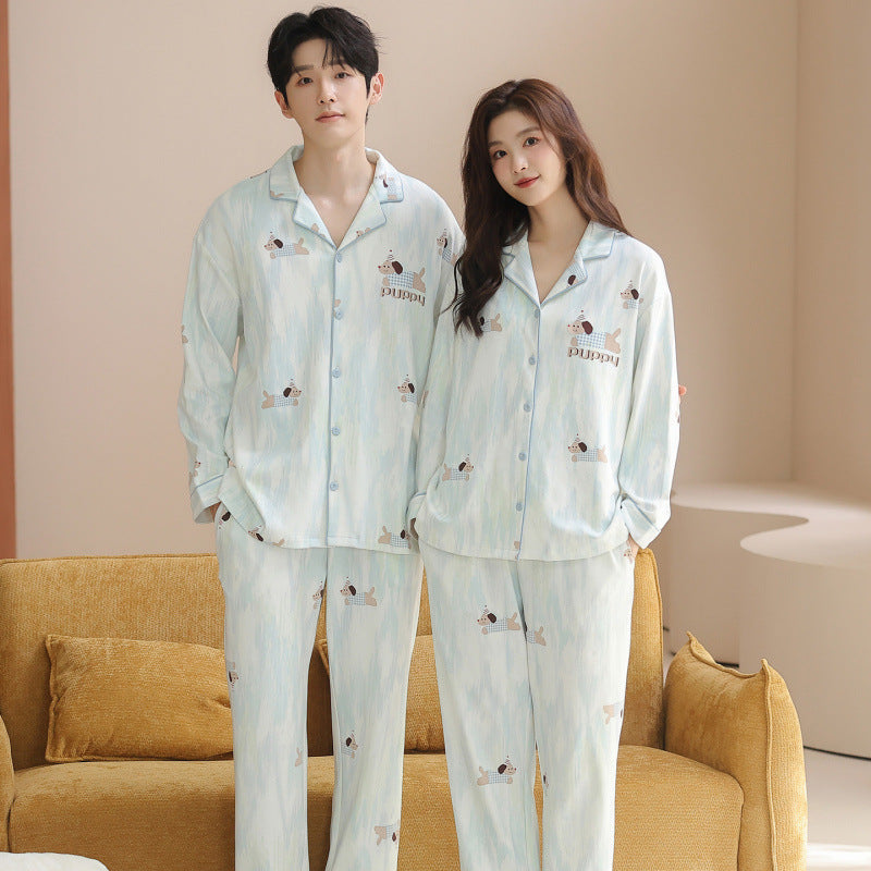 Matching Couple Pajamas Set â€?100% Cotton Watercolor Puppy Print