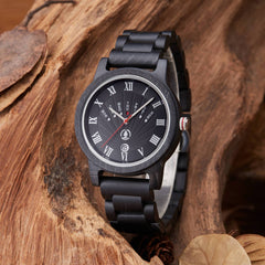 Mens Engraved Wood Watch Elegant Roman Numbers