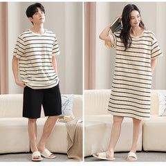 Thin Striped Couple PJs - Cotton Tee & Short Dress