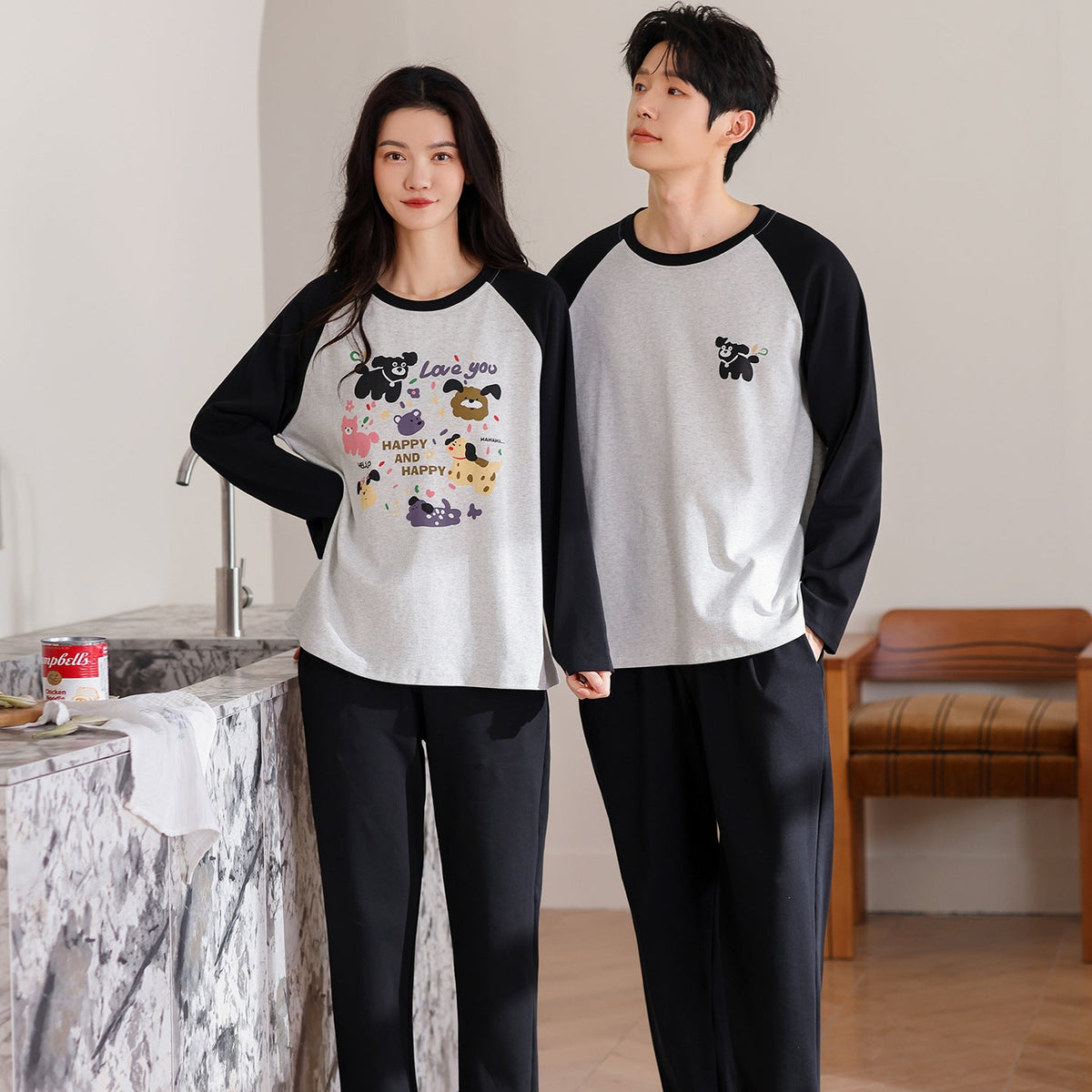Playful Pet-Lover Couple Pajamas â€?Cotton Dog Print Lounge Set by Gullei