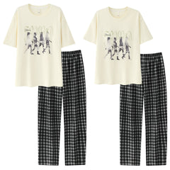 Casual Graphic & Plaid Cotton Couple Lounge Set