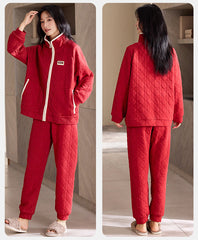 Festive Quilted Couple Pajamas â€?Red Air Cotton Zip-Up Set by Gullei