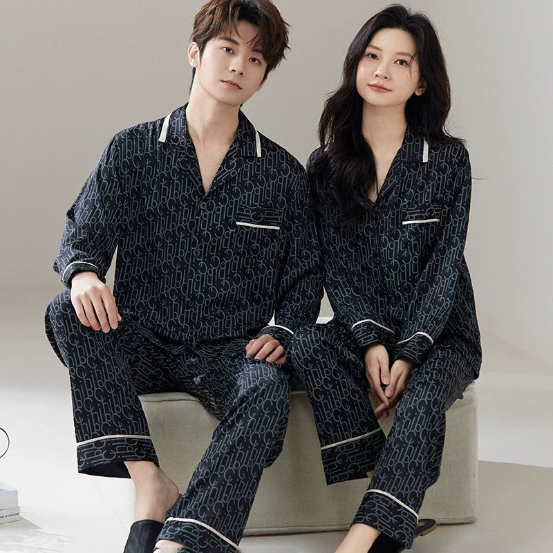 Luxury Monogram Faux Silk Couple Pajamas â€?Fashion-Forward Matching Sleepwear