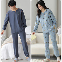 Blue Cartoon Waffle Cotton Couple Pajamas
