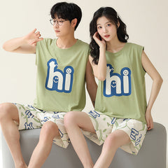 Playful Minimalist Couple Pajamas â€?Cotton "Hi" Print Lounge Set by Gullei