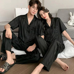 Minimalist Elegant Faux Silk Couple Pajamas â€?Stylish Black Satin Sleepwear Set by Gullei