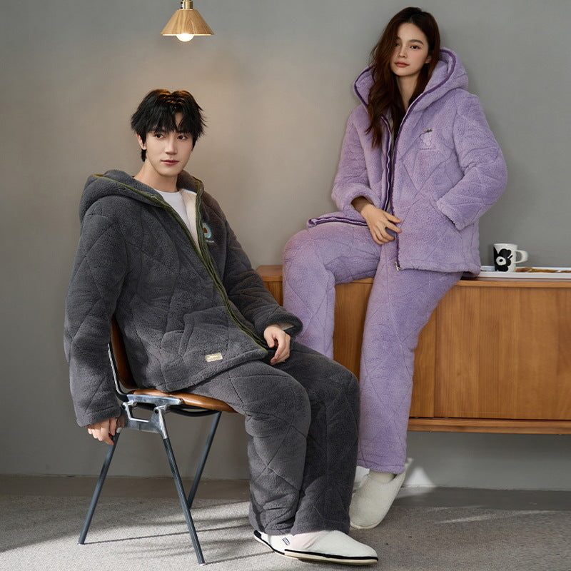 Minimalist Quilted Coral Fleece Couple Pajamas â€?Cozy Winter Set