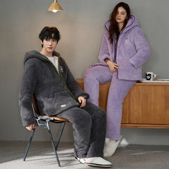 Minimalist Quilted Coral Fleece Couple Pajamas â€?Cozy Winter Set