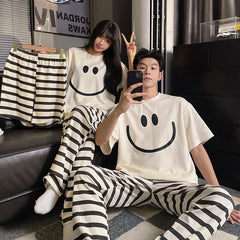 Bold Smiley Face & Stripe Couple's Pajama Set