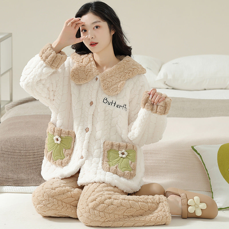 Women Pajamas Set â€?Plush Ribbon Applique Coral Fleece Pajamas