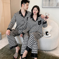 Houndstooth Faux Silk Couple Pajamas â€?Retro Luxury