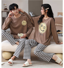 Playful Smiley Graphic Striped Couple Pajamas