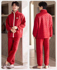Festive Quilted Couple Pajamas â€?Red Air Cotton Zip-Up Set by Gullei