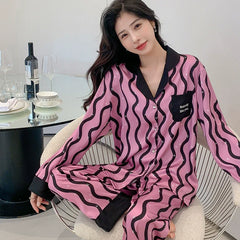 Women Pajamas Set â€?Trendy Pink/Black Wave Print Sleepwear
