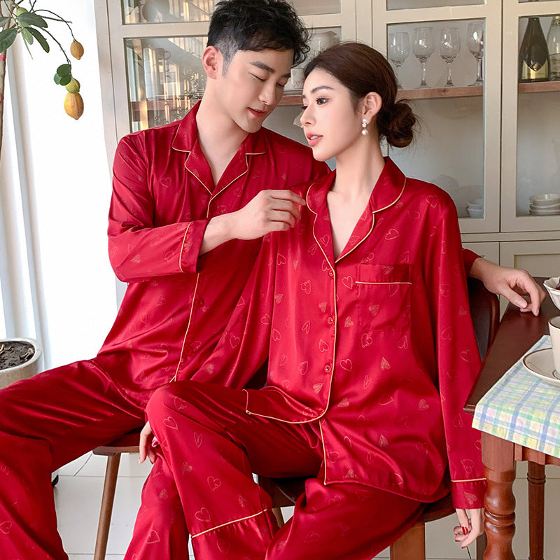 Romantic Faux Silk Couple Pajamas â€?Heart Print Luxury Sleepwear Set by Gullei