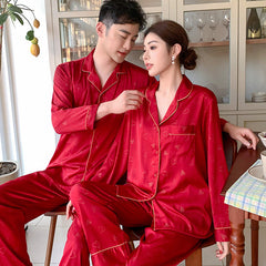 Romantic Faux Silk Couple Pajamas â€?Heart Print Luxury Sleepwear Set by Gullei