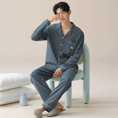 Classic Cotton Contrast Piping Couple Pajamas - 100% Natural Cotton