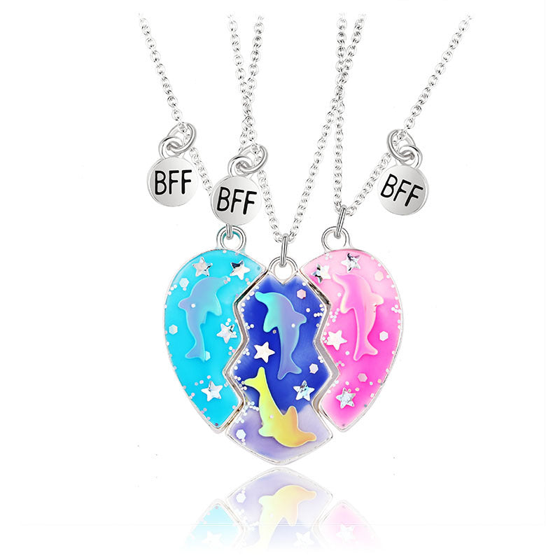 Magnetic Half Hearts Dolphin BFF Necklaces Set for 3 People