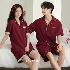 Elegant Lace Trim Cotton Couple Pajamas