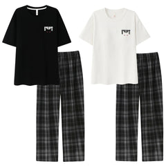 Youthful Plaid & Graphic Cotton Couple Lounge Set