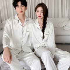 Matching Couple Pajamas â€?Geometric Jacquard Faux Silk Set for Couples