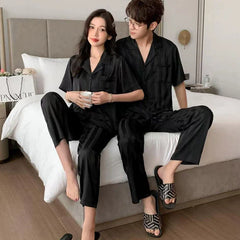 Minimalist Elegant Faux Silk Couple Pajamas â€?Stylish Black Satin Sleepwear Set by Gullei