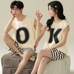 Minimalist Playful Couple Pajamas â€?Cotton “OKâ€?Print Lounge Set by Gullei