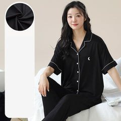 Black Button Up Pajamas Set for Women - 100% Yarn