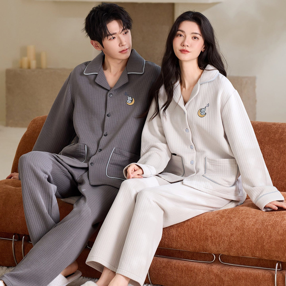 Matching Couple Pajamas Set â€?Air Cotton with Moon & Star Embroidery