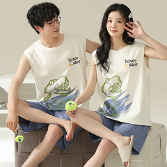 Playful Dinosaur Couple Pajamas â€?Cotton Sleeveless Top & Shorts Set by Gullei