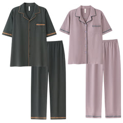 Minimalist Contrast Piping Cotton Couple Pajamas