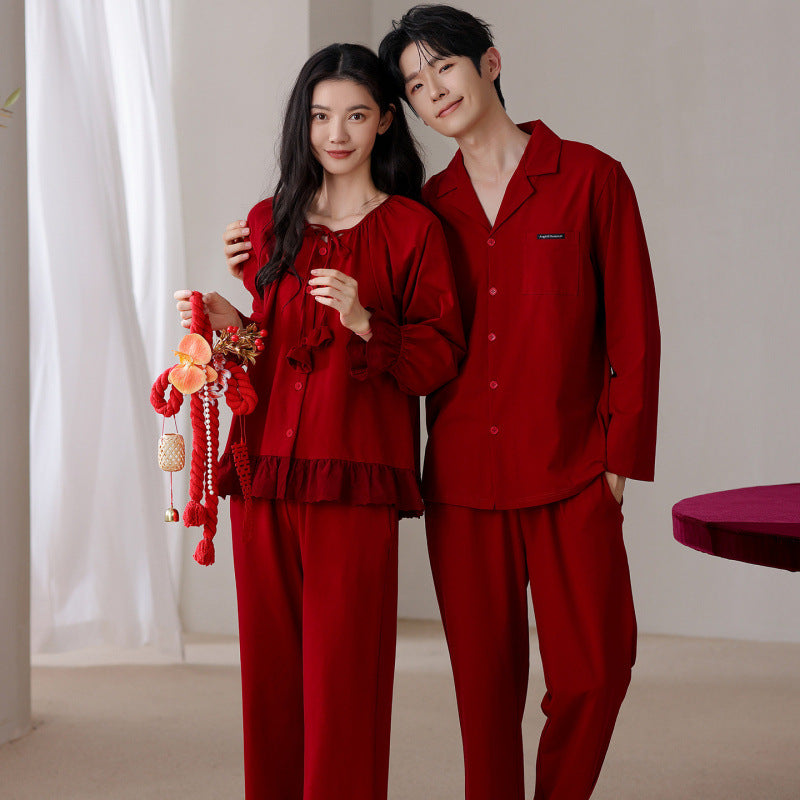 Matching Couple Pajamas Set â€?Solid Red Cotton with Ribbon & Lapel Design