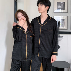 Matching Couple Pajamas â€?Geometric Jacquard Faux Silk Set with Gold Piping