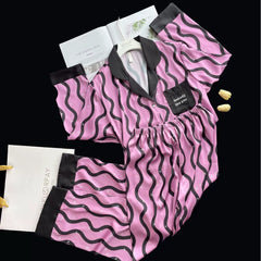 Women Pajamas Set â€?Trendy Pink/Black Wave Print Sleepwear