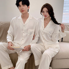 Matching Couple Pajamas â€?Embroidered Monogram Faux Silk Set for Couples