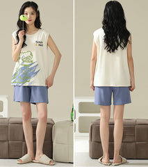 Playful Dinosaur Couple Pajamas â€?Cotton Sleeveless Top & Shorts Set by Gullei